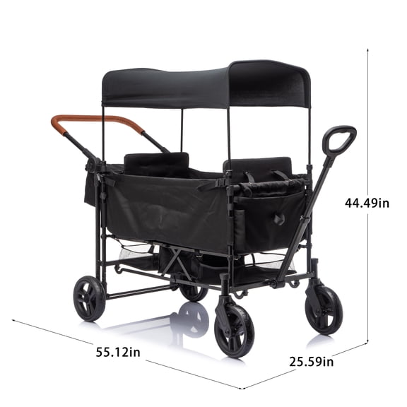 2-Seater Wagon Stroller with 5-Point Safety Harness, Adjustable Canopy, Push-Pull Handles, 7-Level Height Adjustment, Foldable Frame for Kids 6-36 Months