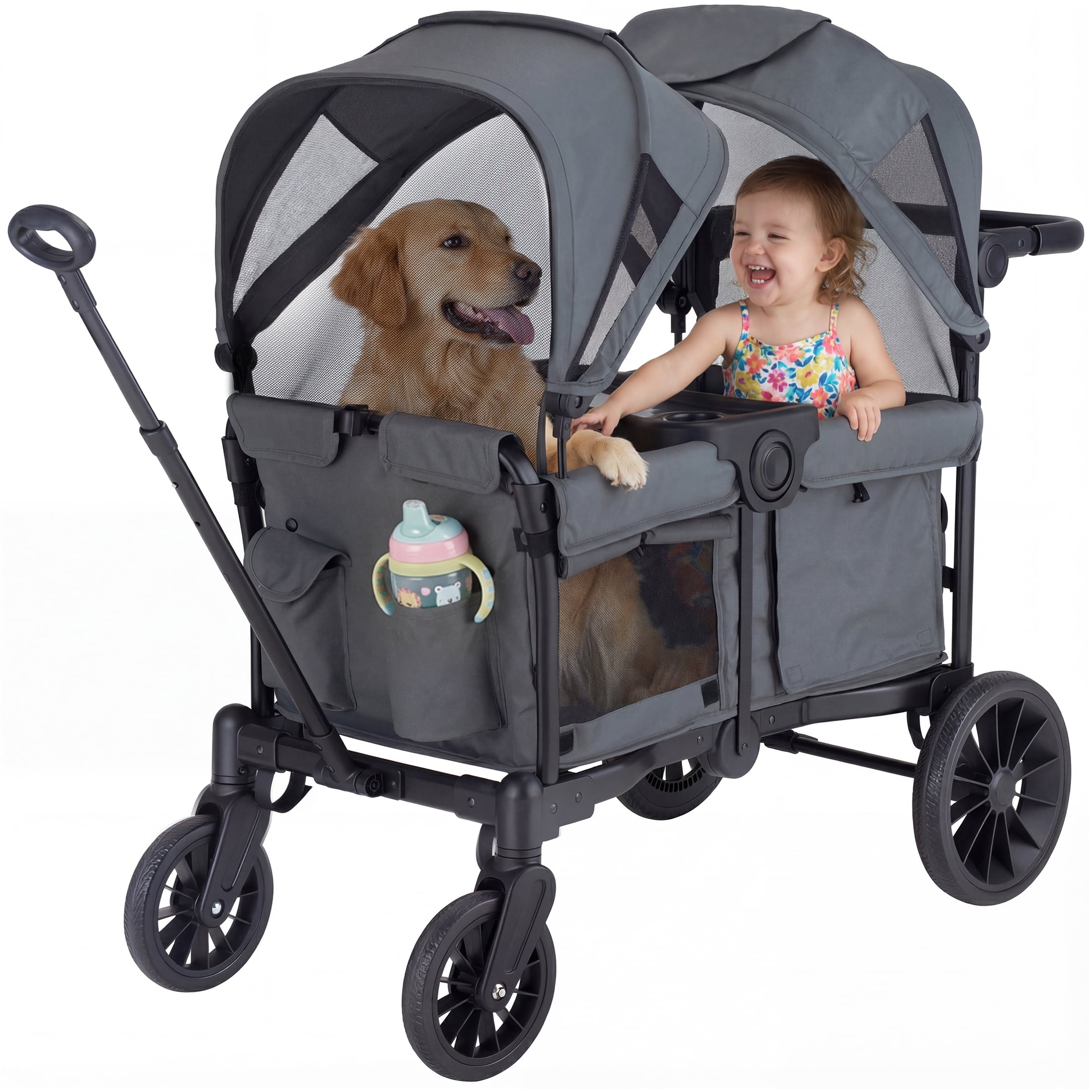 SACVON Baby Stroller Wagon for 2 Kids with Breathable Canopy,Parent Organizer,Removable Seat,2 Cup Holders,Gray
