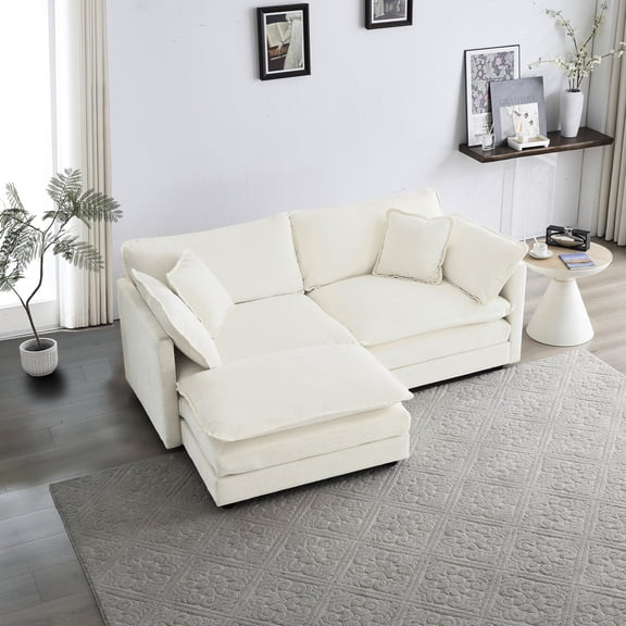2 - Seater White Chenille Sofa with Footrest/Flexible Seating for Different Needs