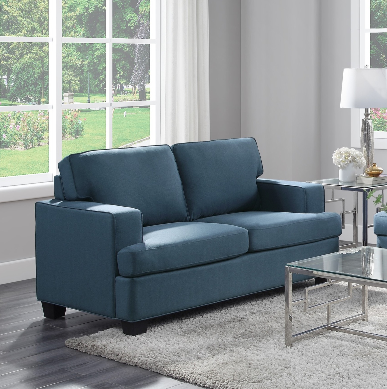 View of 2 Seats Classic Textured Fabric Upholstered Sofa Set with Wooden Legs ...
