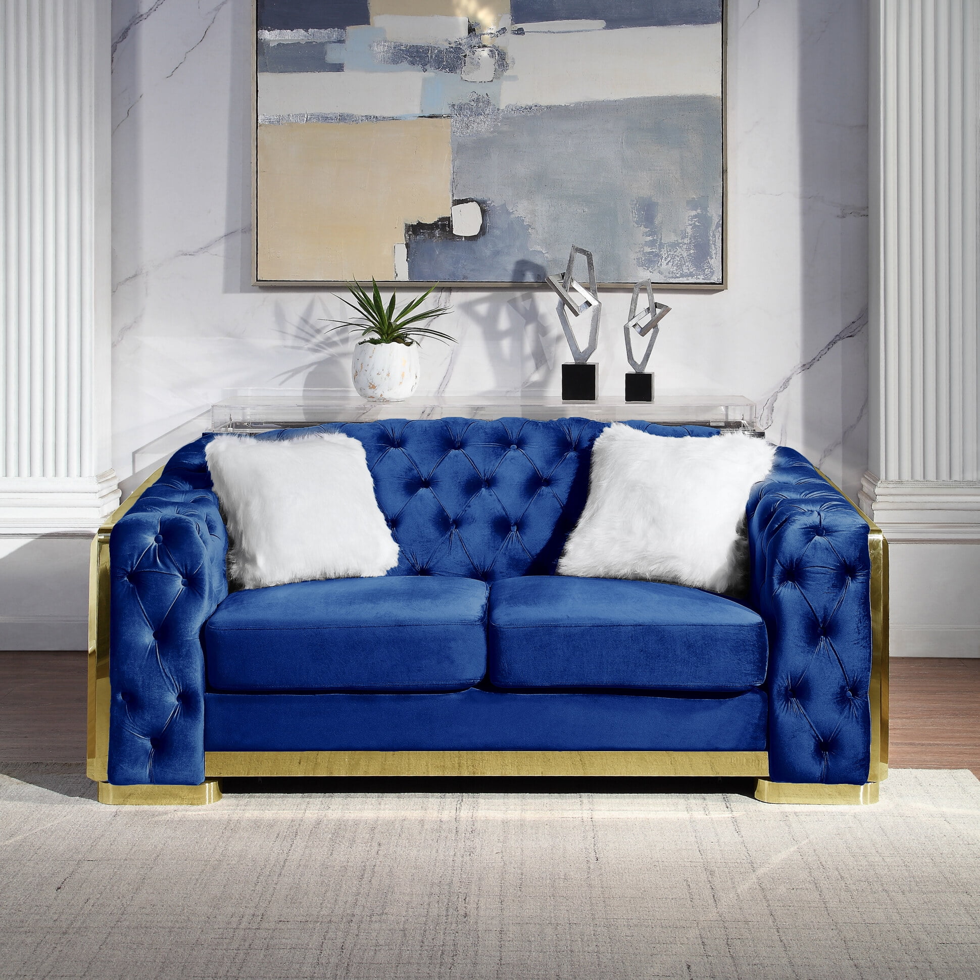 2Seats Luxury Velvet Sofa, Upholstered Sofa Couch with Button Tufted