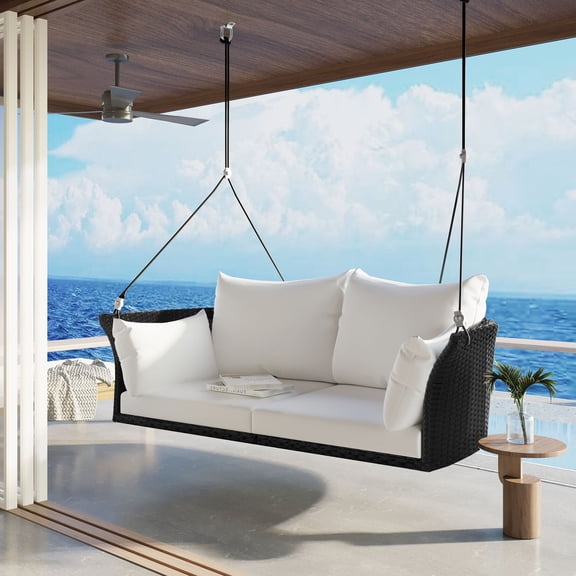 2-Seats Wicker Hanging Porch Swing Chair, Outdoor 2 Person Rattan Patio Swing Lounge with Hanging Ropes&4 Pillows, Porch Swing for Garden, Balcony, White