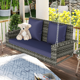 2 Person Wicker Hanging Porch Swing Outdoor Rattan Swing with Soft Cushions and 2 Steel Chains and 2 Pillows Patio Swing Bench for Balcony Garden