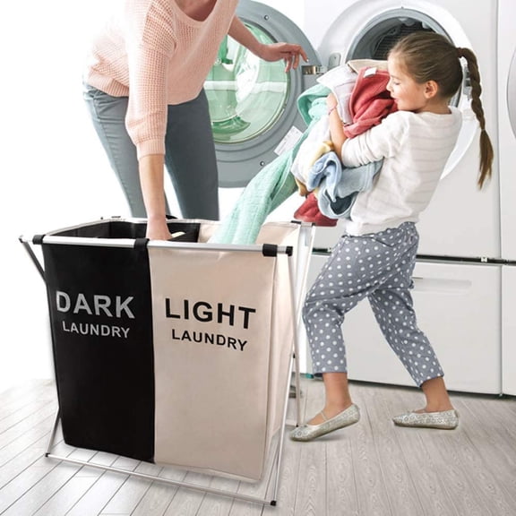 2-Section Folding Laundry Hamper with Aluminum X-Frame - Waterproof Storage Basket with Carrying Handle for Bathroom & Home