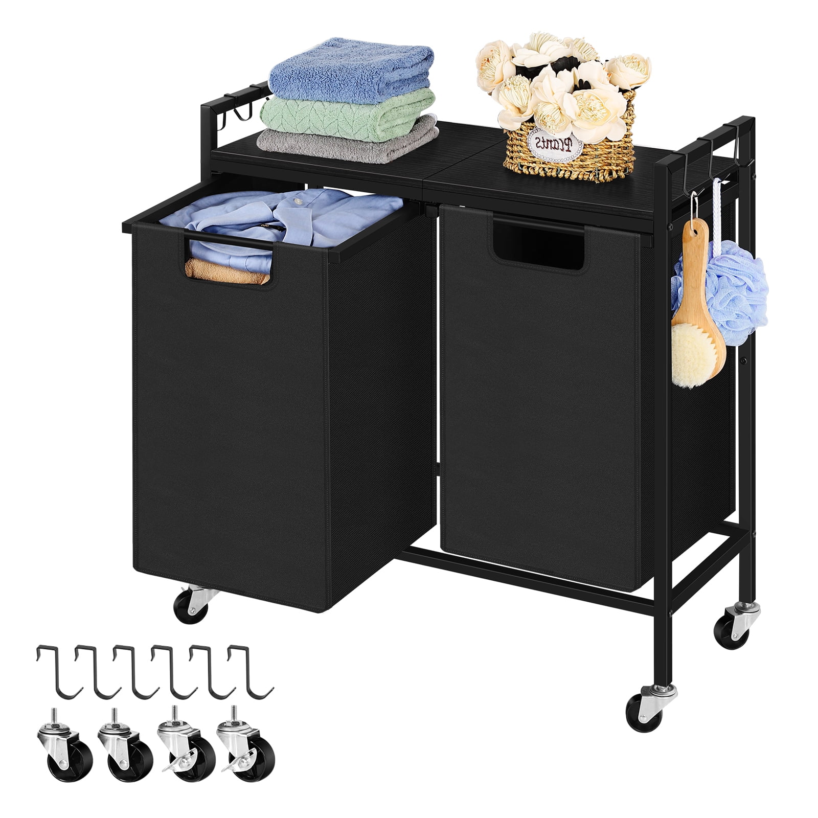 Hzuaneri Rolling Laundry Hamper - 2 Section, Beige, Wheeled With Ventilated Design