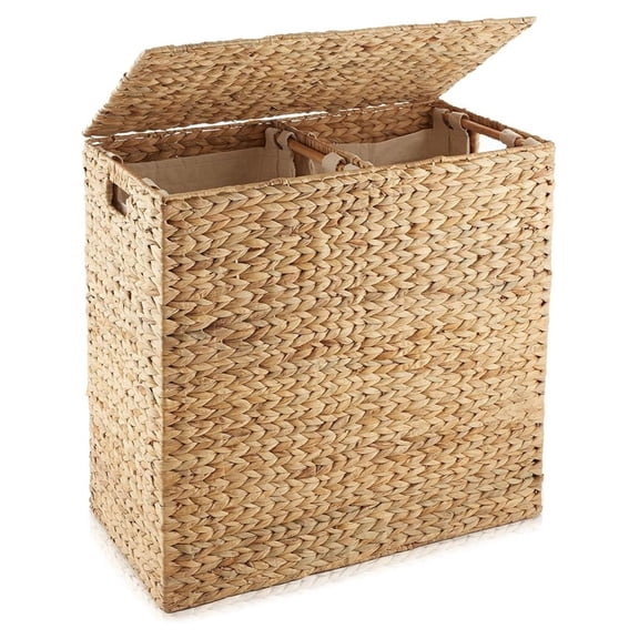 2-Section Laundry Hamper with Removable Liner Bags - Natural, Woven Water Hyacinth Double Laundry Basket Sorter for Clothes and Towels