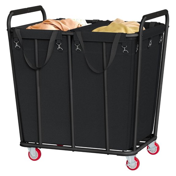 2 Section Laundry Sorter Cart 400L Rolling Hamper with Wheels, Heavy Duty Industrial Laundry Basket Organizer, Extra Large Dirty Clothes Hamper for Home Hotel Bedroom, Black Metal Frame
