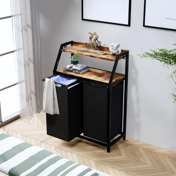 2-Section Laundry Sorter on Wheels, 2 × 14.5 Gal Rolling Laundry Hamper with Pull-Out Removable Bags and Shelves, Convenient Storage for Home Use