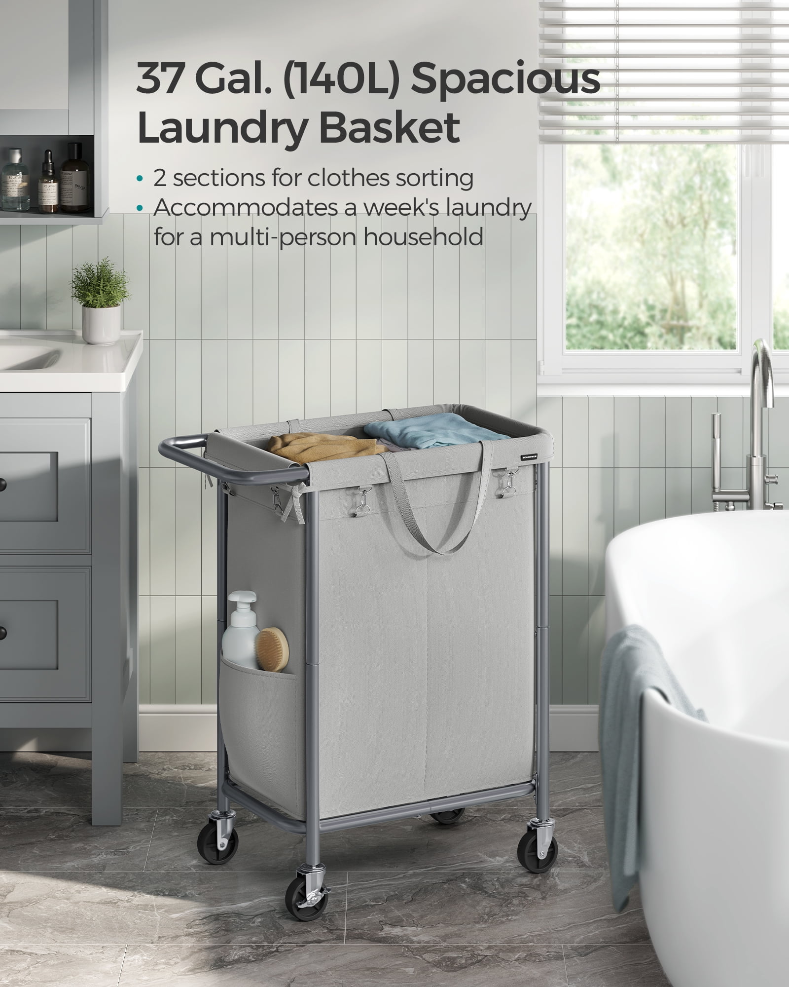 2-Section Rolling Laundry Basket Storage with Wheels, 37 Gallons Laundry Hamper, Removable Liner, Steel Frame with Handle,27.2 x 15.4 x 31.9 Inches