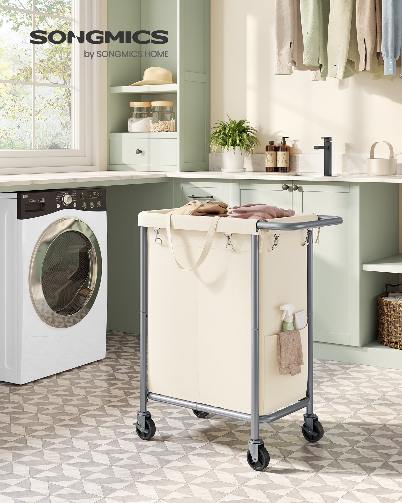 2-Section Rolling Laundry Basket Storage with Wheels, 37 Gallons Laundry Hamper, Removable Liner, Steel Frame with Handle, 27.2 x 15.4 x 31.9 Inches