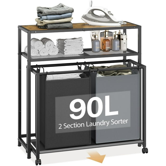 2 Section Rolling Laundry Hamper Sorter Basket Organizer Cart with Wheels, 90L Large Capacity with Double Shelf and Removable Bags, Sorted Dirty Clothes Bin for Laundry Room, Bathroom, Bedroom