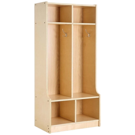 2-Section Wooden Coat Locker, 4 Hooks & AntiTip, 4 Open Boxes, Natural