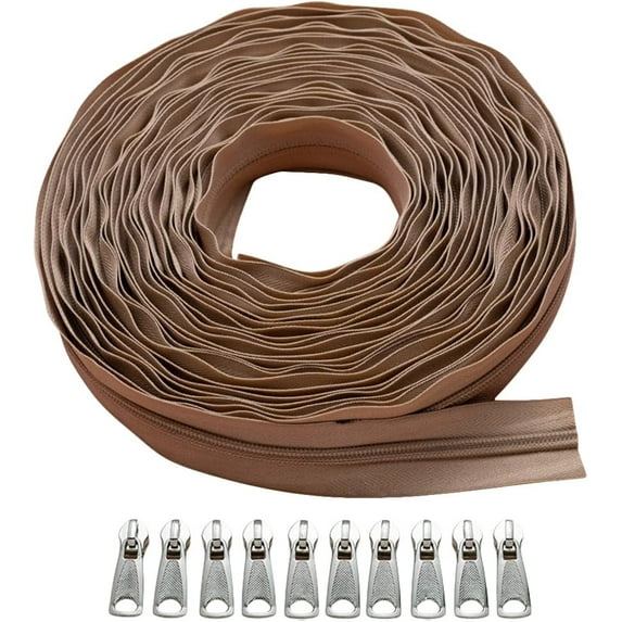 2 Set 10.94 Yards 10Pcs Khaki Nylon Zipper Tape by The Yard Metal Coil Replacement Separating Coat Jacket Zippers Kit with Pulls for Sewing Making DIY Tailor Bags Garment Clothing Crafts Supply