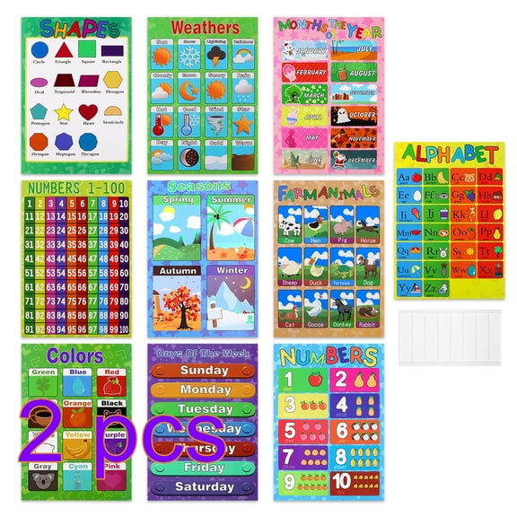 2 Set 10PCS Educational Preschool Posters Charts for Preschoolers Toddlers Kids Kindergarten Classrooms