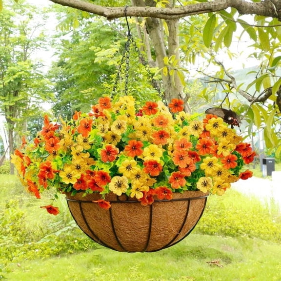 2 Set 14 Inch Large Artificial Fall Hanging Baskets with 36 Pcs Faux Mums Flowers for Outdoor Lifelike Silk Floral Arrangement for Porch Garden Balcony and Home Patio Yard Fall Decor Orange Yellow