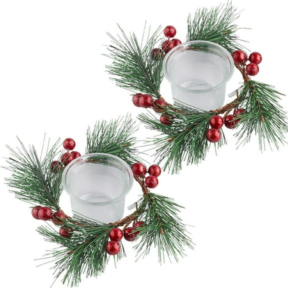 2 Set 15cm Christmas Wreath Candle Holders Artificial Red Berry Pine Needles Christmas Tealight Candle Holder with Glass Centerpiece Cups Green Garlands Ring