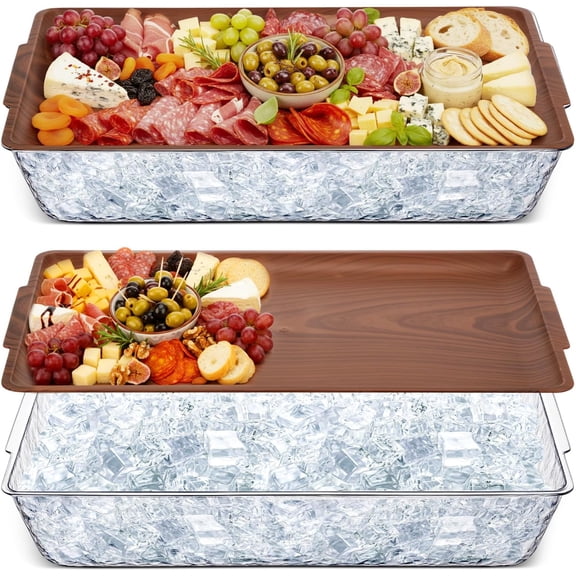 2 Set 16" x 9" Plastic Chilled Serving Tray for Parties with Compartments Ice Chilled Party Platter Charcuterie Serving Board Cold Dish Dip for Fruit Seafood Vegetable Appetizer (Dark Wood)