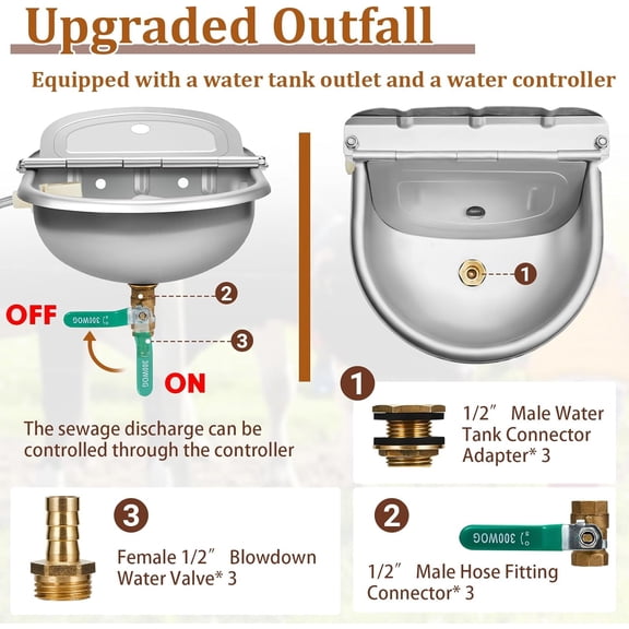 2 Set 1gal/4l Automatic Water Dispenser for Dogs Animal Drinking Bowl with Float Valve Stainless Steel Auto Waterer Outdoor Livestock Water Trough with Pipe Bolt for Goat Chicken