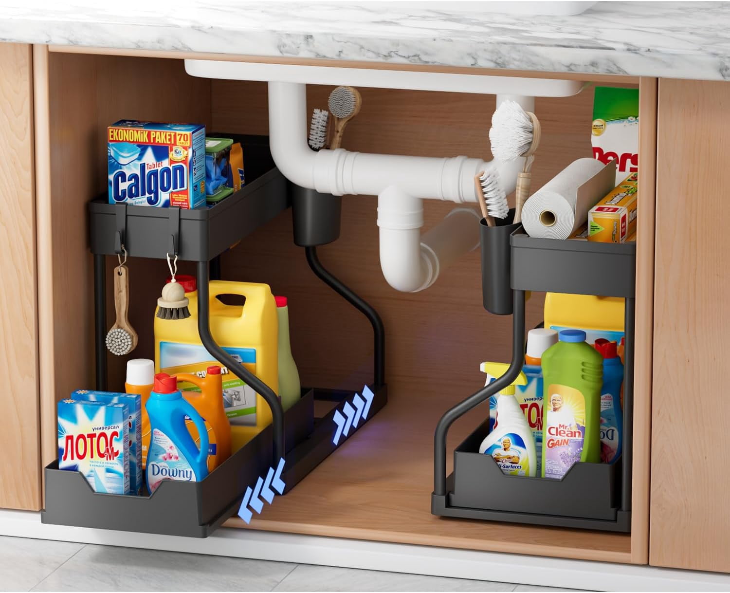 2 Set of 2-Tier Bathroom and Kitchen Under Sink Organizers and Storage - L-Shaped Design with Sliding Storage Drawer, Pull Out Cabinet Storage Shelves Maximize Space