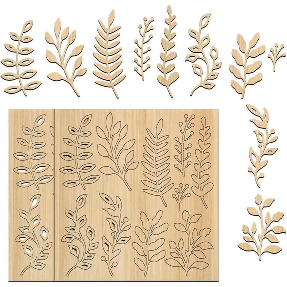 2 Set 20pcs Leaves Laser Cut Chipboard Embellishments 5.7x6 Inch Wooden Leaf Theme Decoration Branch Leaf Silhouette Cutouts