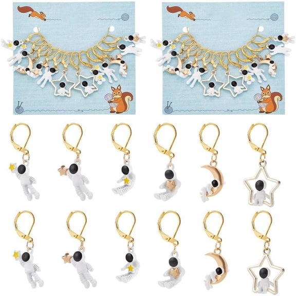 2 Set 24 Pcs Spaceman Pendant Stitch Markers Spaceman with Star Moon Enamel Crochet Stitch Marker Removable Leverback Hoop Locking Stitch Marker for Weaving Sewing Jewelry Making