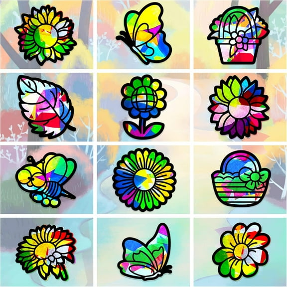 2 Set 24Pcs Sunflower Stained Glass Effect Paper Suncatchers Butterfly Bees Insect Window Clings Natural Scenery DIY Suncatchers Kits for Windows Arts Crafts Decor Glass Indoor Window Door Decals
