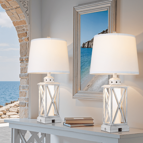 2 Set 26 Inch Coastal Table Lamps With 2 LED Bulbs, 9W Bright Rotary Switch Top Light + Touch Contorl 3 Way Dimmable Nightstand Light, Dual USB Ports, 3000K Warm White