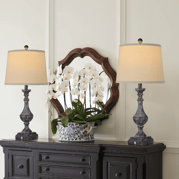 2 Set 27.5 Inch Tall Coastal Table Lamps Set For Living Room With 2 Dimmable LED Bulbs, Touch Control 3 Way Dimmable Bedside Lamp, 9W Bright, USB + Type C Charging Ports, Natural Linen Shade