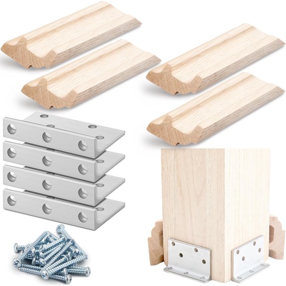 2 Set 3-1/2" Newel Post Mounting Kit 8 Pcs L Bracket Post Fasteners with 8 Pcs Maple Wood Skirt Trim and Screws for Square Newels Fastening Handrails Railings Balustrades to Stairs and Floors