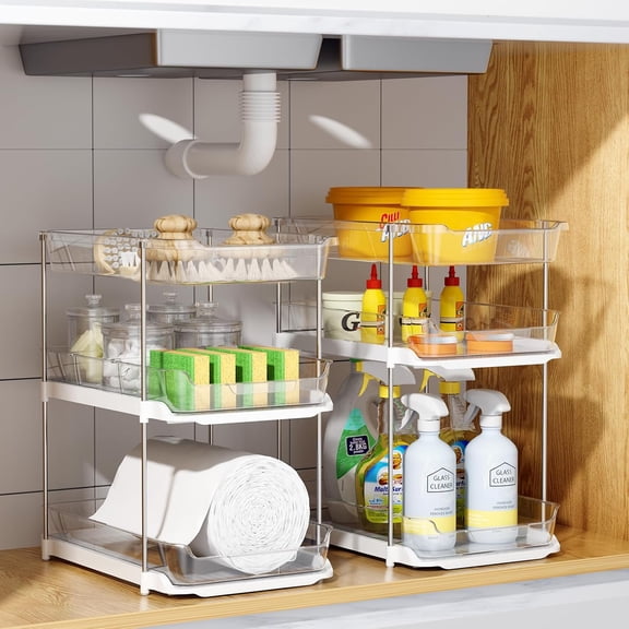 2-Set 3-Tier Clear Under Sink Organizer - Pull Out Cabinet Storage with Movable Dividers for Bathroom & Kitchen Pantry