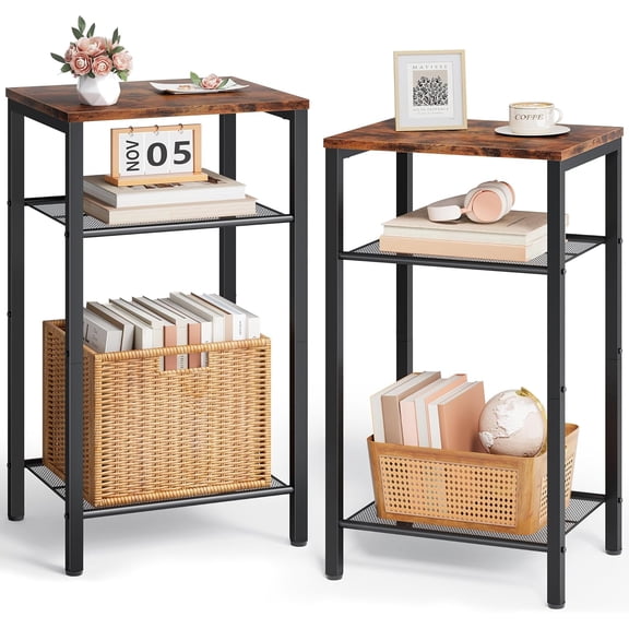 2-Set 3 Tier End Table, Telephone Table Set of 2, Tall Side Table with Storage Set of 2, Small Nightstand for Small Spaces, Metal Frame, for Living Room, Bedroom, Sofa Couch, Rustic Brown