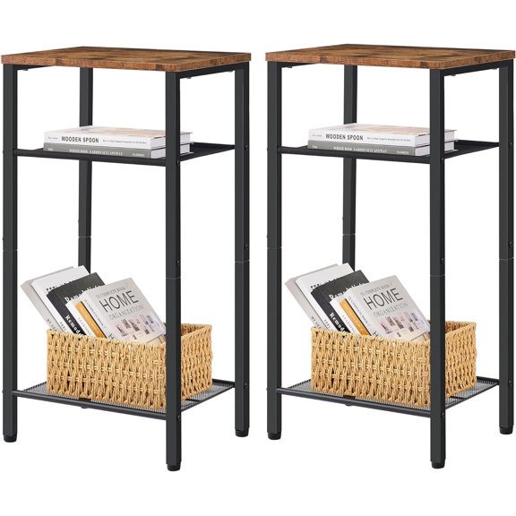 2-Set 3 Tier End Table, Telephone Table Set of 2, Tall Side Table with Storage Set of 2, Small Nightstand for Small Spaces, Metal Frame, for Living Room, Bedroom, Sofa Couch, Rustic Brown