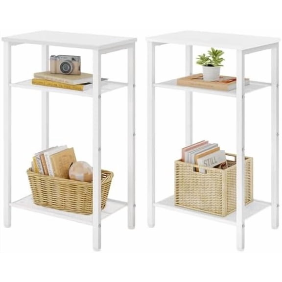 2-Set 3 Tier End Table, Telephone Table Set of 2, Tall Side Table with Storage Set of 2, Small Nightstand for Small Spaces, Metal Frame, White