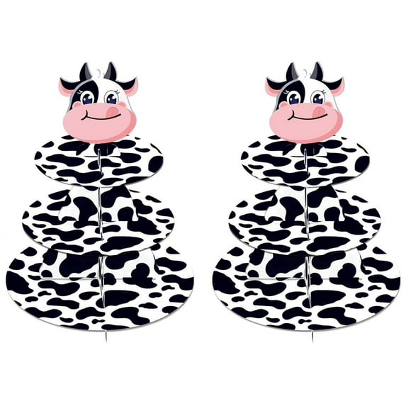 2 Set 3-Tier Farm Animal Cow Print Cardboard Cupcake Stand Party Decorations Cupcake Stand Dessert Holder Stand for Kids Boys Bbay Shower Cow Themed Birthday Party Supplies