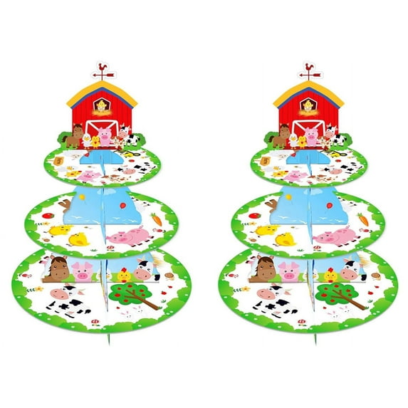 2 Set 3-Tier Farm Animal Farmhouse Cardboard Cupcake Stand Party Decorations Cupcake Stand Dessert Holder Stand for Kids Boys Bbay Shower Farm Birthday Party Supplies
