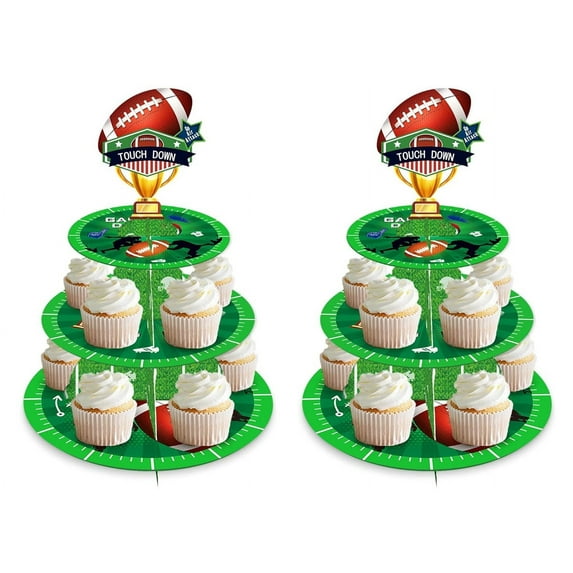 2 Set 3-Tier Football Rugby Cardboard Cupcake Stand Party Decorations Cupcake Stand Dessert Holder Stand for Kids Boys Bbay Shower Sport Rugby Theme Birthday Party Supplies