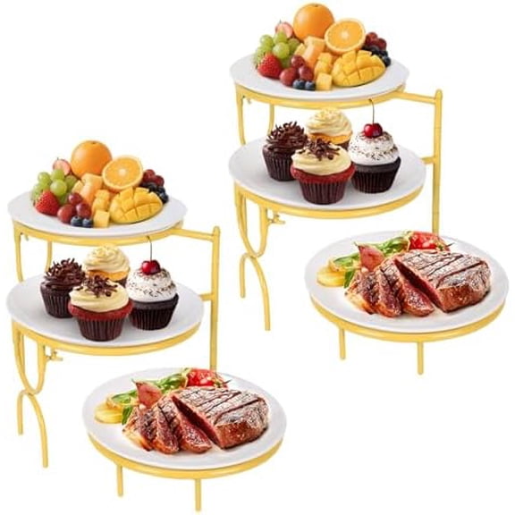 2 Set 3 Tiered Serving Stand with White Porcelain Plate Rotatable Dessert Table Display Set 10'' Round Tiered Serving Trays & Platters for Fruit Cake Cookie Dessert 2 Stand 6 Plates