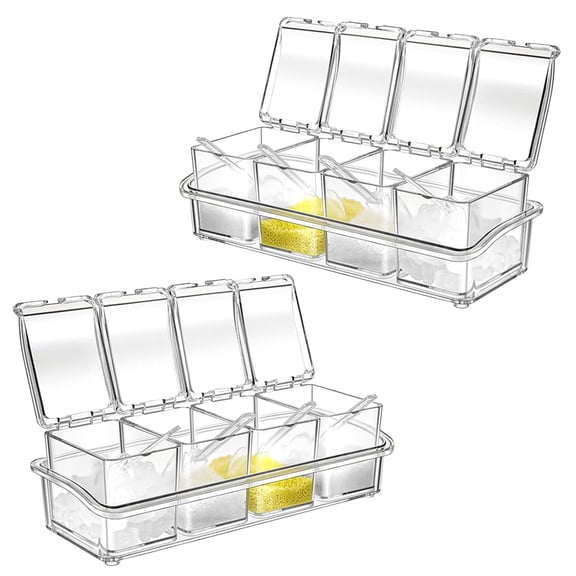 2 Set 4-Cell Clear Spice Seasoning Box for Kitchen, Transparent Condiment Containers with Lid & Spoon, 4 Pieces Plastic Empty Seasoning Rack Spice Pots Jars for Salt Sugar Cruet Storage