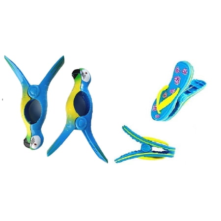 2 Set (4 Ct) Blue Flipflop / Blue Parrot Beach Towel Clips Jumbo Size for Beach Chair, Cruise Beach Patio, Pool Accessories for Chairs, Household Clip, Baby Stroller