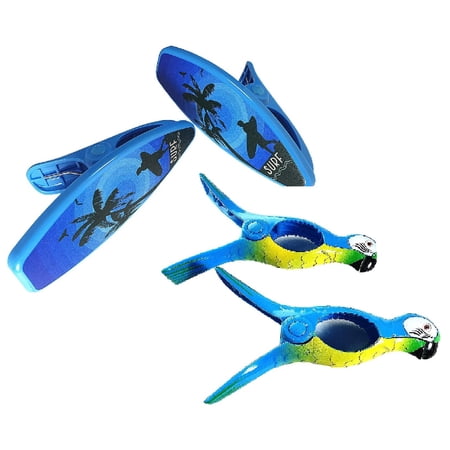 2 Set (4 Ct) Blue Surfboard / Blue Parrot Beach Towel Clips Jumbo Size for Beach Chair, Cruise Beach Patio, Pool Accessories for Chairs, Household Clip, Baby Stroller