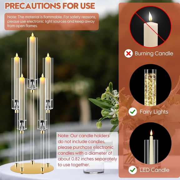 2 Set 5 Arm Acrylic Candle Holder,  27'' Tall Candelabra Centerpieces for Tables Clear Candlesticks Holder for Housewarming Gift Fireplace Halloween Christmas Decor Fit 0.8'' LED Candle