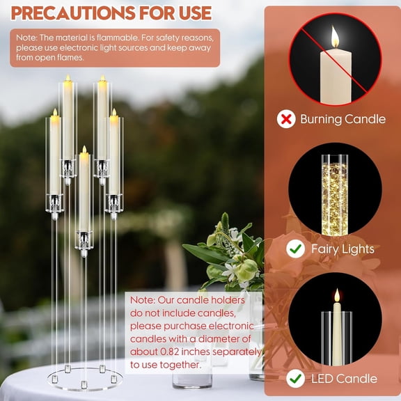 2 Set 5 Arm Acrylic Candle Holder, 34.6'' Tall Candelabra Centerpieces for Tables Clear Candlesticks Holder with Lampshade for Housewarming Gift Fireplace Dinner Decor Fit 0.87'' LED Candle