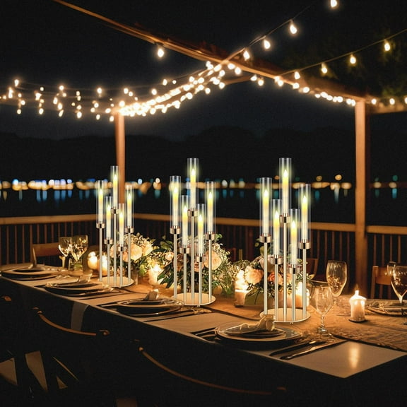 2 Set 5 Arm Gold Candelabra Table Centerpiece with LED Candle 26.8" Tall Acrylic Candle Holder with Lampshades Fit 0.8 for Wedding, Church, Dinner, Birthday, Christmas, Party, Halloween