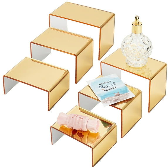 2 Set 6pcs Golden Acrylic Display Risers Product Stand Shelf 3-Tier Perfume Organizer Clear Countertop Showcase for Craft Cupcake Dessert Curio Cabinet Collection 1.4/2.3/2.9 Inch High