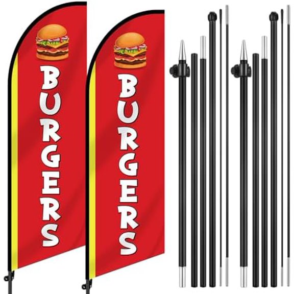 2 Set 7ft Burgers Restaurant Feather Flag Banner Advertising Swooper Flag with Pole Kit and Ground Stake for Burger Restaurant Business Outdoor Decor Events Promotion$$Other