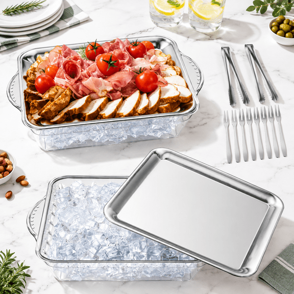 2 Set 9" Chilled Serving Tray For Parties Withpartments Ice Party Platter Charcuteried Cold Dish Dips Tongs Fruit Seafood Vegetabl