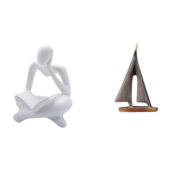 2 Set Abstract Sailboat Sculpture Reader Figurine Thinker Statue Resin Material Decorative Piece for Home Hotel Desk
