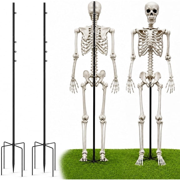 2 Set Adjustable Halloween Skeleton Stand, 5.4 Ft Metal Skeleton Pose Stand | Widened Black Standing Skeleton Support with Longer Base and Ties, Skeleton Holder Stand for Halloween Party Displays