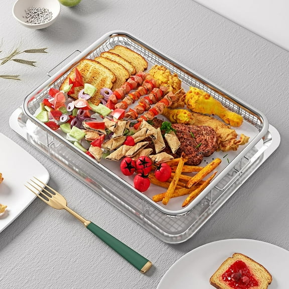 2 Set Air Fryer Pan and Crisper Tray for Oven - Large & Medium