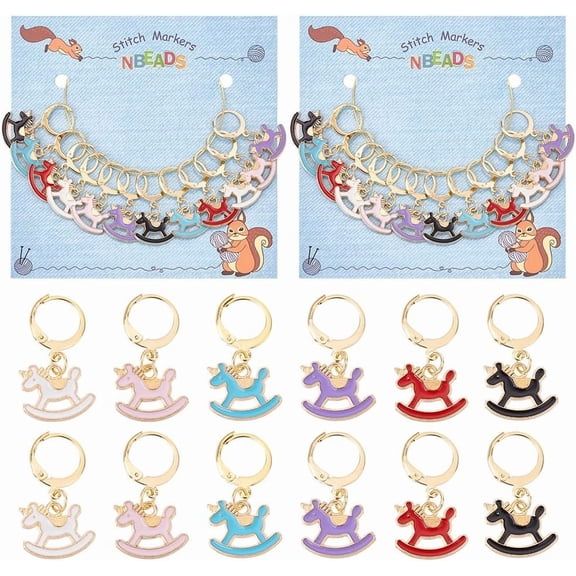2 Set Alloy Enamel Pendant Locking Stitch Markers 304 Stainless Steel Leverback Earring Rocking Horse 2.8cm 6 colors 2pcs/color 12pcs/set